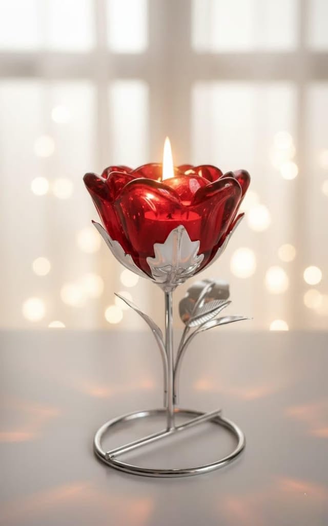 Red Glass Flower Candle Holder with Metal Stand