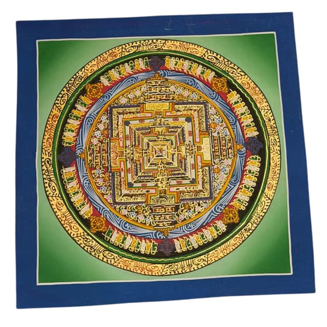 Tibetan Kalachakra Mandala Thangka Painting, Green and Blue