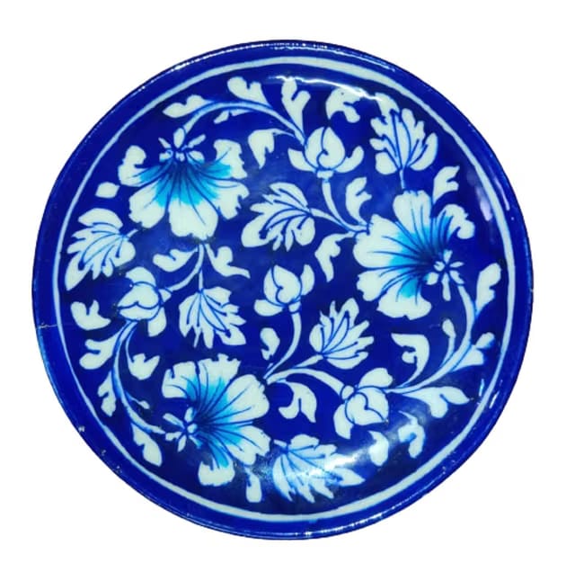 Jaipur Blue Pottery Lily Flower Decorative Wall Hanging Handmade Plate (15 cm x 15 cm x 3 cm) (Blue)