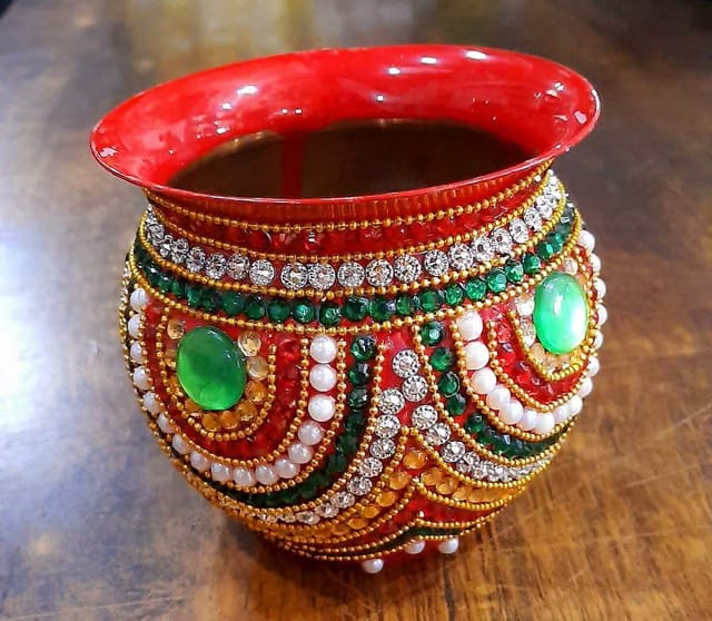 MMD Retail Decorated Copper Handmade Stone/Kandan Work Pooja Kalash/Lota Size : 4 x 4 inch