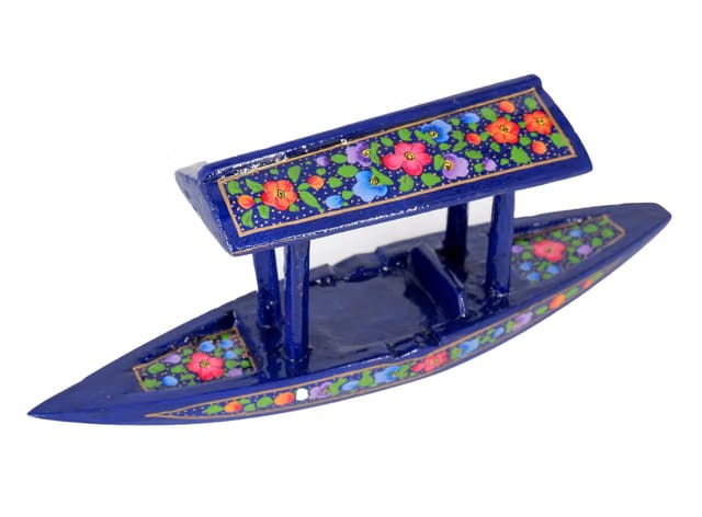 Decorative Kashmiri Papier Mache Boat, Hand-Painted Floral Design, Navy Blue