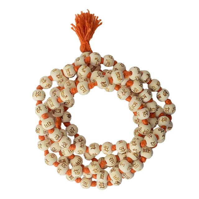 Hare Ram Hare Krishna Carving on White japa mala 108+1 Beads Japa Isckon Mala Devotional Jaap Mala Wooden Chain