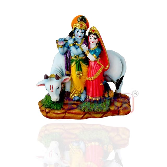 KARTIK Lord Krishna Playing Flute with Radha with Cow Idol, Multicolor
