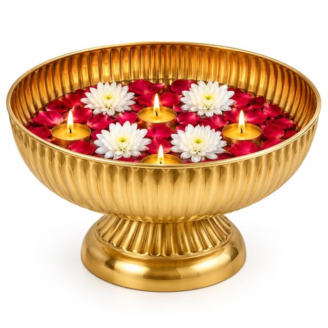 Metal Urli Bowl for Decoration, Golden Finish Decorative Bowl with Ribbed Design