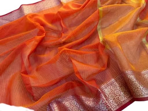 Orange kota doria cotton saree With stylish solid checkered pattern and zari border with blouse piece_ANE08