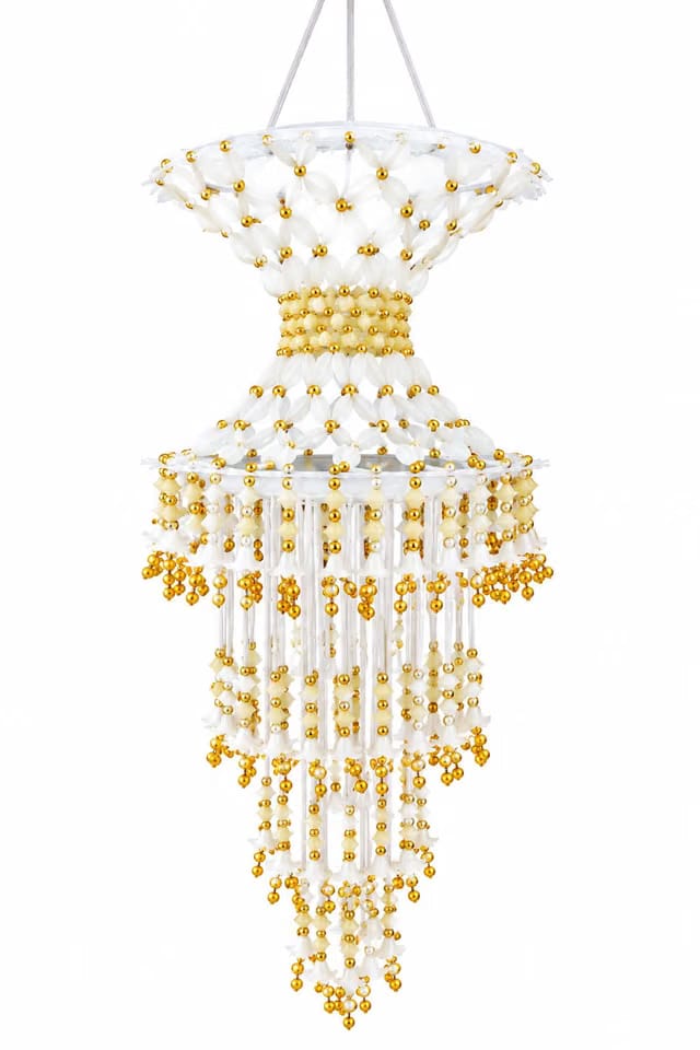 Beaded Hanging Chandelier, White and Gold Decorative Pendant JHUMAR Artificial Hanging Decorative Chandelier Latkan for