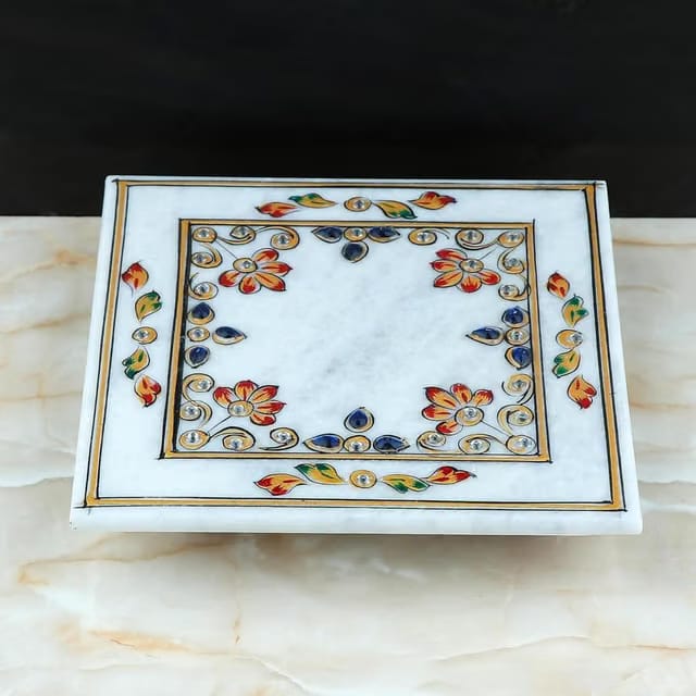 Meena Work Marble Chowki, Handmade Makrana Marble, Painted Emboss & Stone Inlay, Multicolour, 15.3 cm x 15.3 cm x 3.8 cm