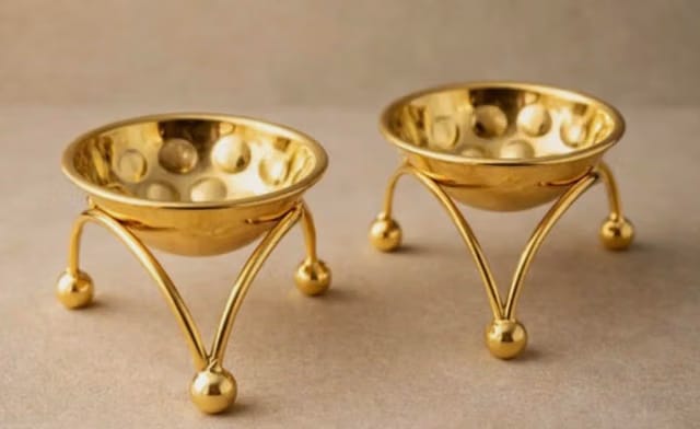 Gold-Tone Brass Decorative Bowl Set with Tripod Stand, Set of 2