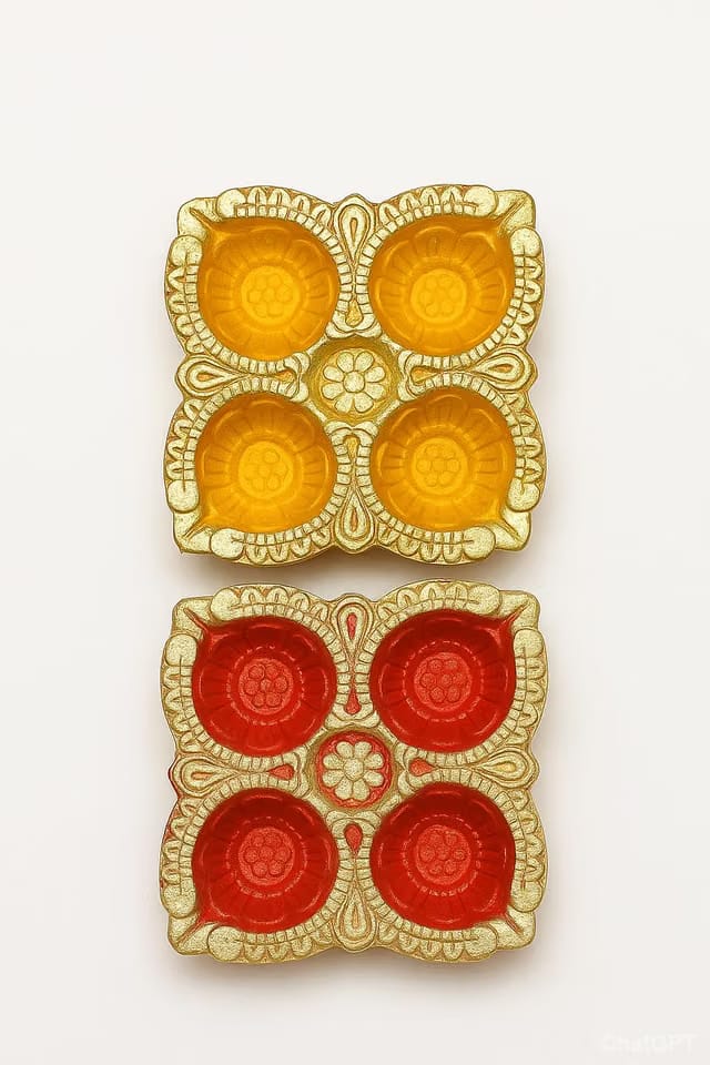 Natural Clay Diya Set of 4 in 1 Diwali and Navarati Pooja Combo of 2 (One Yellow and One Red)