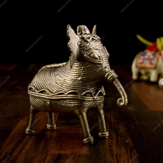Vintage Gulley Brass Dhokra Elephant Figurine, Handmade Indian Art