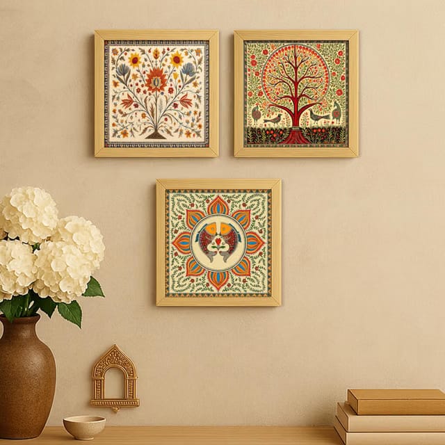 Rousrie Aesthetic Floral Madhubani Art Wall Painting for Living Room, Multicolor, Wood, Modern Style, Wall Mount