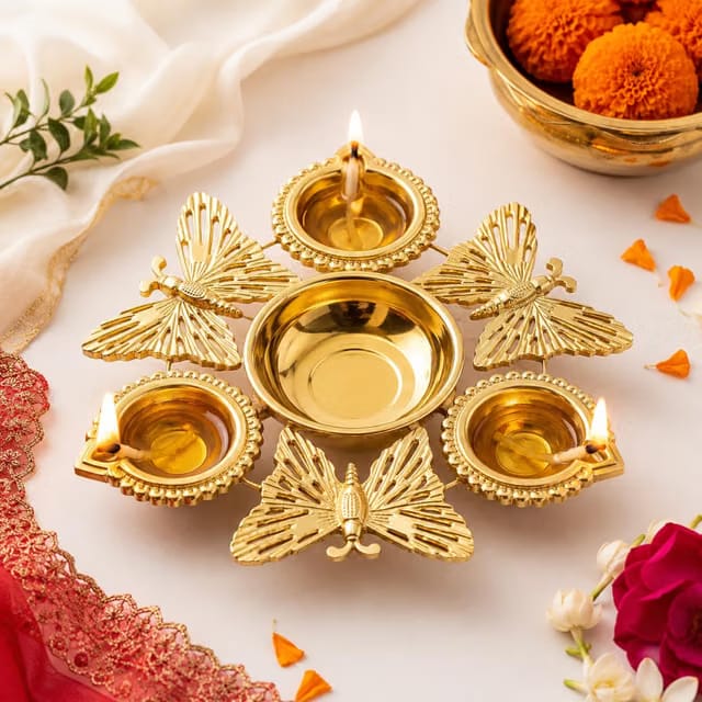 Butterfly Design Metal Diya Urli Set for Home Decor