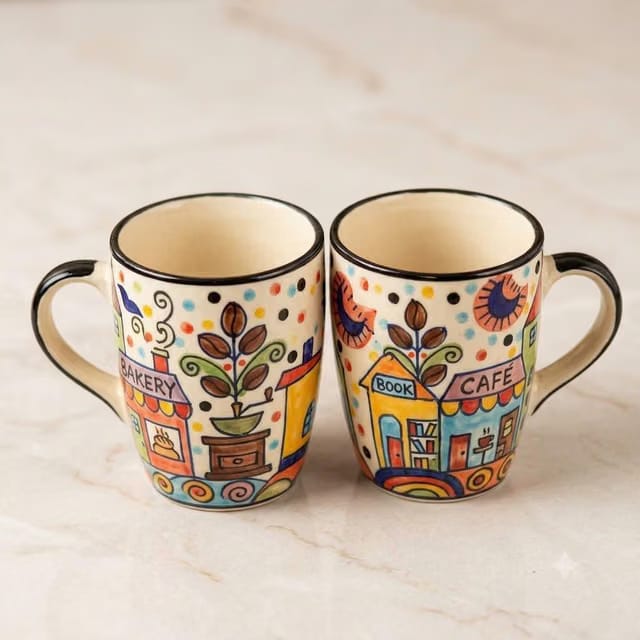 Hut Hand-Painted Serving Tea Cups Set Milk Mugs & Ceramic Coffee Mugs Set of 2