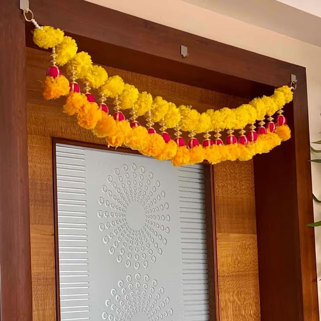 Kaameri Bazaar Handmade Plastic Beads Marigold Pink and Orange genda Traditional Door Hanging Bandarwal Toran for Diwali