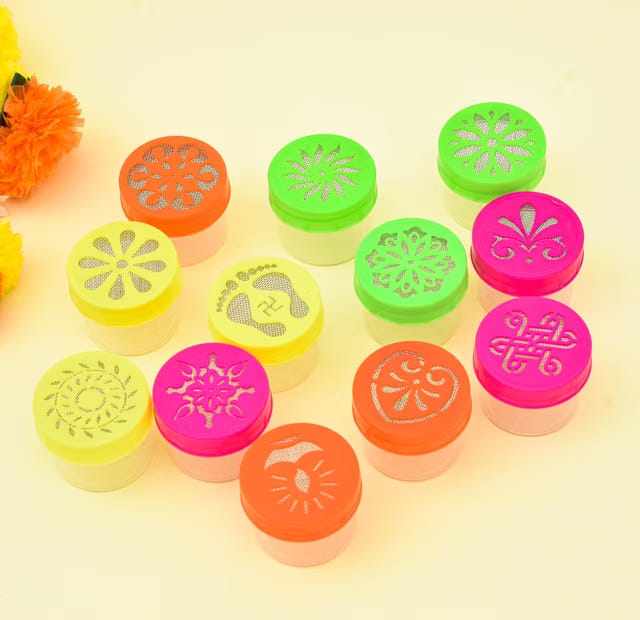 12 Rangoli Stamp Dibbi Making Box Bottles Jali Rangoli Making Tools Stencils Floor Decoration Diwali Navratri Festivals