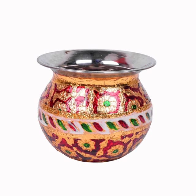 Stainless Steel Designer Lota Meenakari Pooja Kalash Special Decorated Pot for Home Pack of 1 (Design 2)