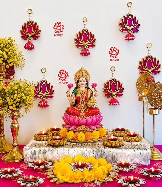 BENAVJI Home Decor Pink MDF Wood jhumki Style Lotus Pack of 6 for Diwali ganpati mandir and Pooja Rooms Festival