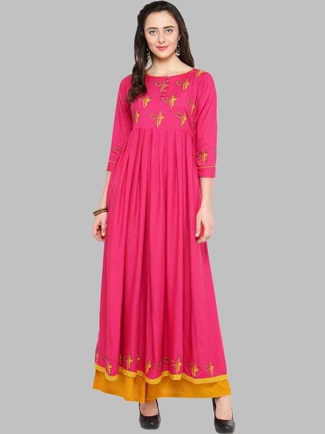 Bitterlime Women Pink Ethnic Motifs Printed Gotta Patti Block Print Anarkali Kurta