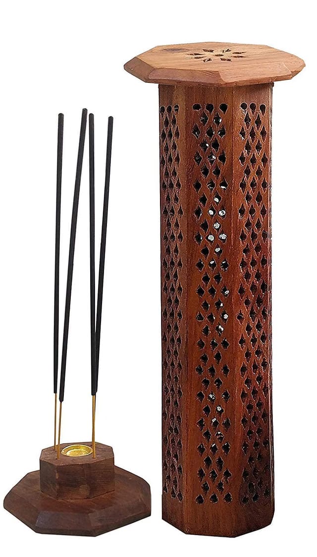 HusNain Wooden Incense Holder Temple Decoration Tower Incense Box Fragrance Stand Holder Agarbatti Dhoop Holder Ash