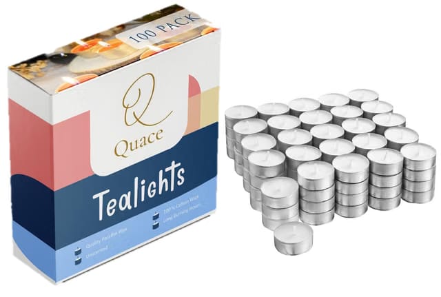Quace Wax Tealight Candles Set of 100, White Unscented Tea Light Candles for Home Decor, Diwali, Wedding, Party