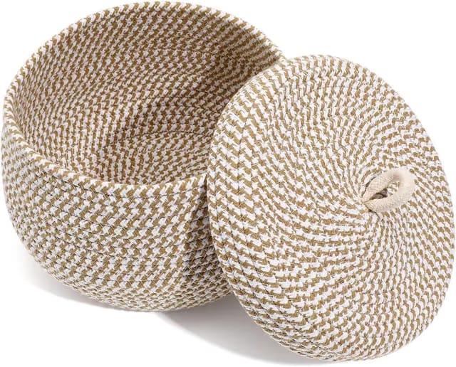 Premium Handwoven Jute Storage Basket with Lid, 25x20 cm Beige Woven Rope Organiser Bin