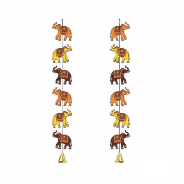 Decorative Elephant Wall Hanging Set, Multicolor, with Bells, Indian Theme, Set of 2