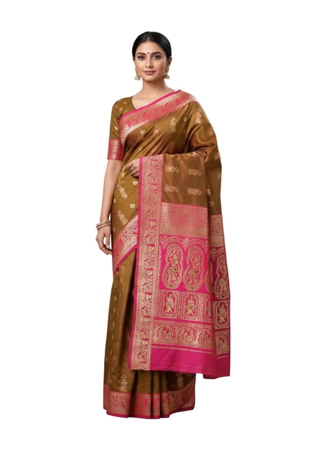 Brown Baluchari Saree with Paisley Embroidery and Zari Woven Border