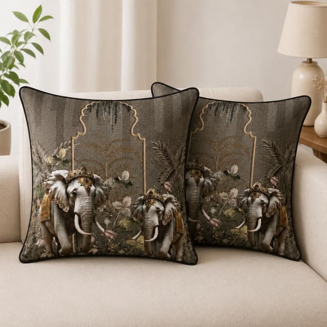 Cots-Villa Royal Elephant Print Cushion Covers, 16x16 Inch, Set of 2, Grey Jaipuri Ethnic Design