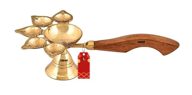 Brass Pancharti Diya Oil Lamp Pach Aarti Deepak with Wooden Handle Pancharti Diya Panchmukhi Diya with in Goden Colour