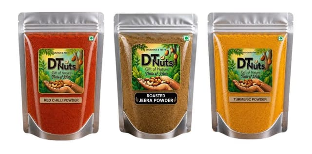 DT Nuts Red Chilli Powder, Roasted Cumin Powder and Turmeric Powder, 250g Each