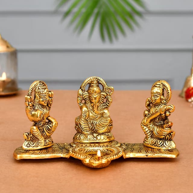 CraftVatika Laxmi Ganesh Saraswati Metal Murti Idol with Diya Showpiece,Diwali Decoration Items for Home Decor,Diwali