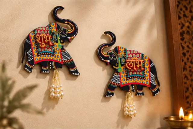Wood Shubh Labh for Door Entrance,1 Pair ; Blue Elephant Side Door Hangings Toran for Home Decoration Door Tags Diwali