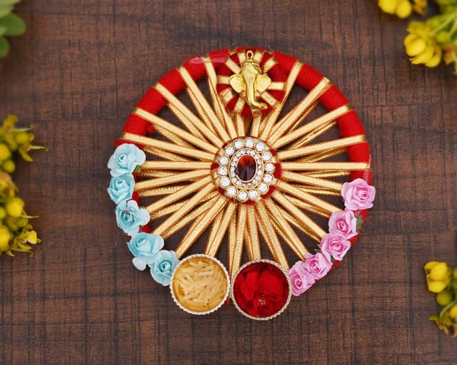 Flower Design Gota Pati Kumkum Puja Thali Set - Bhai Dooj Ganesha Pooja Tilak Roli Chawal Thali