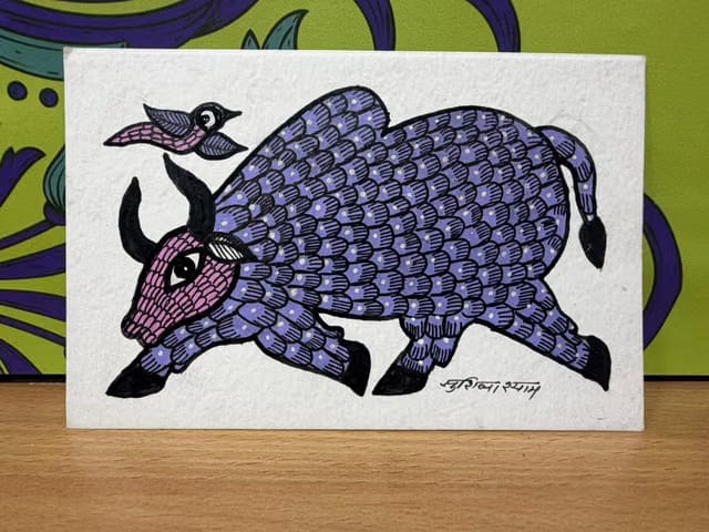 Hand-Painted Gond Art Painting Bull & Bird, 10 x 15 cm
