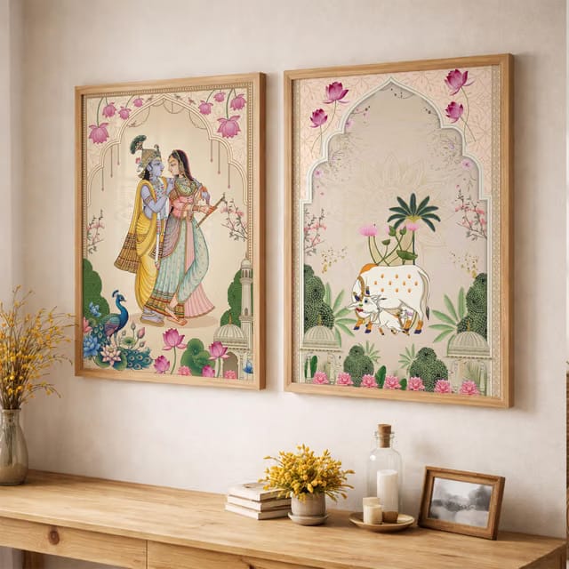 Suneree Pichwai Radha Krishna Kamdhenu Cow Wall Art Painting