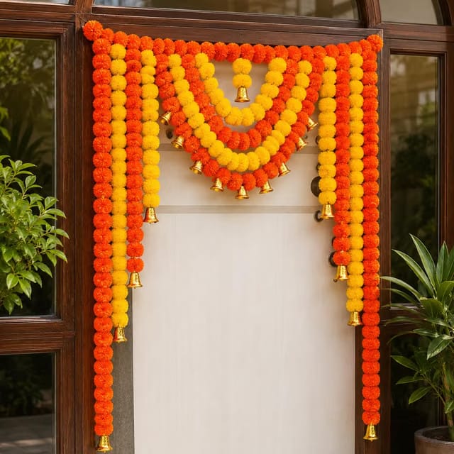 Rajasthan Kraft Decorative Marigold Full Door Bandanwar, 40 Inch Artificial Flower Hanging with Golden Bells