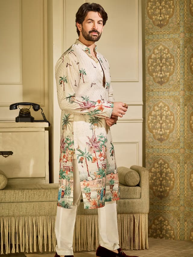 Men Floral Embroidered Regular Thread Work Pure Cotton Kurta with Pyjamas