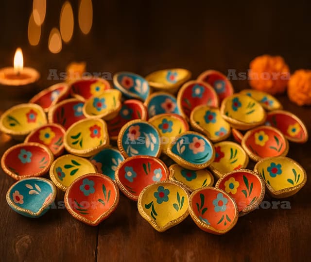 Ashora Handmade Multicolor Decorative Clay Diyas for Diwali – Set of Colorful Hand-Painted Terracotta Oil Lamps for