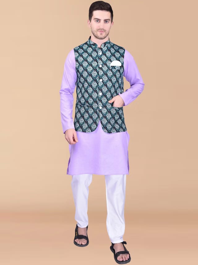 PRINTCULTR Mandarin Collar Pure Cotton Straight Kurta & Pyjama With Nehru Jacket