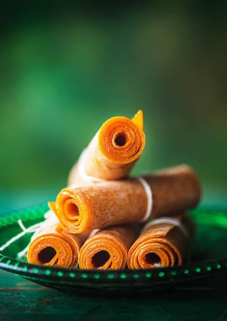 Traditional Indian Mango Fruit Leather Roll, Sweet Dried Aam Papad
