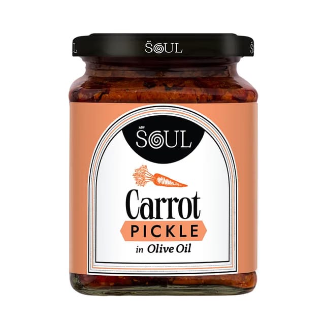 ADF Soul Carrot pickle in 100% Olive oil. Lightly spiced and perfectly tangy, this pickle adds a fresh