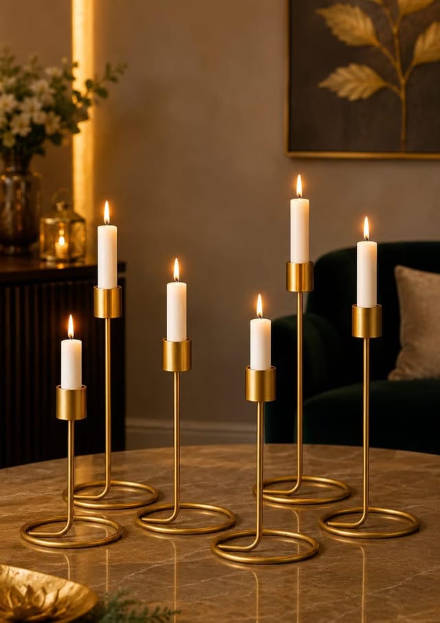 (Set of 6) Gold Metal Taper Candle Holder – Decorative Modern T-Light Stand for Home Decor, Table Centerpiece