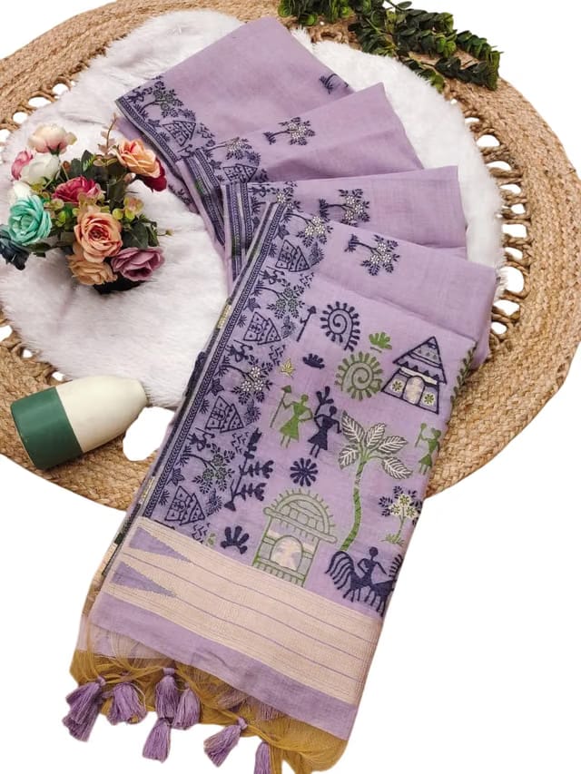 Women's Muga Cotton Tussar Silk Saree Jamdani Weaves Warli Border Rich Pallu With Contrast Blouse Piece