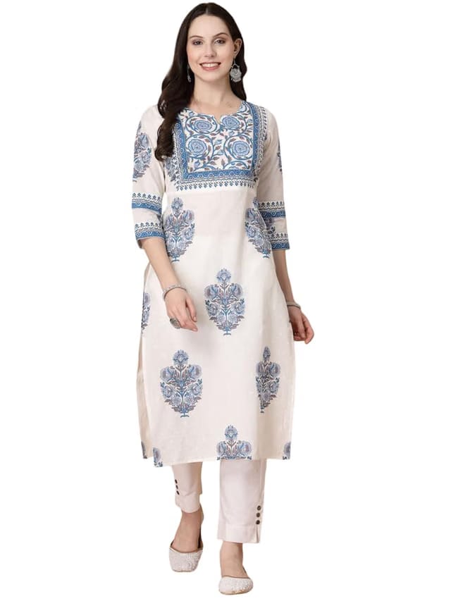 Womens Printed Cotton Round Neck Straight Kurti