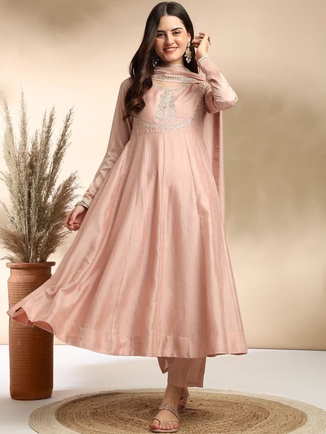 Women Silk Embroidered Anarkali Kurta And Pant With Dupatta Set