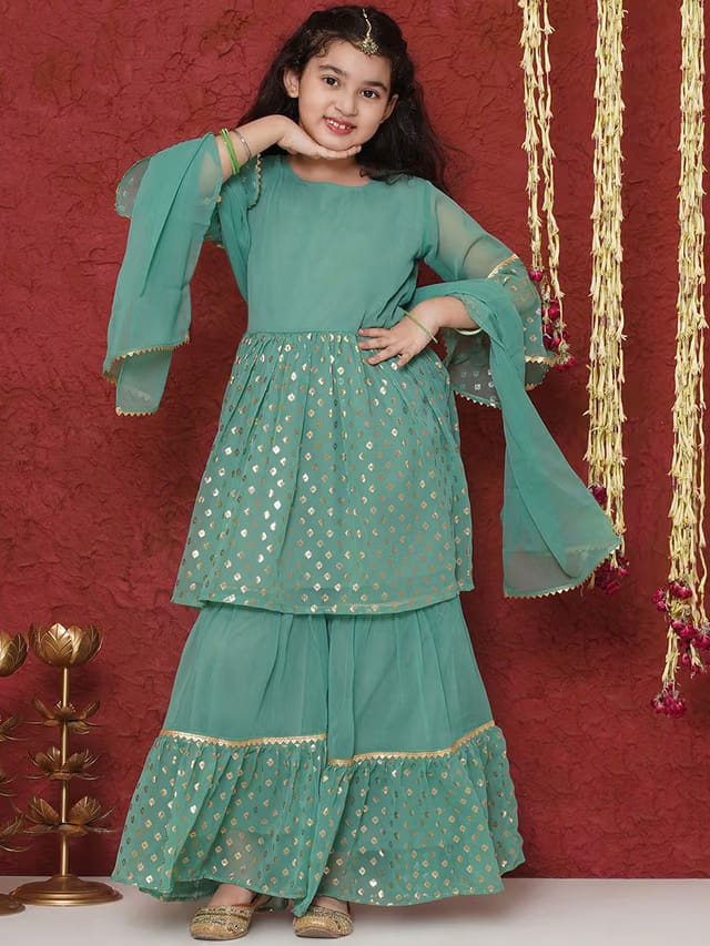 Girls Ethnic Motifs Printed Bell Sleeves Anarkali Kurta With Sharara & Dupatta Set