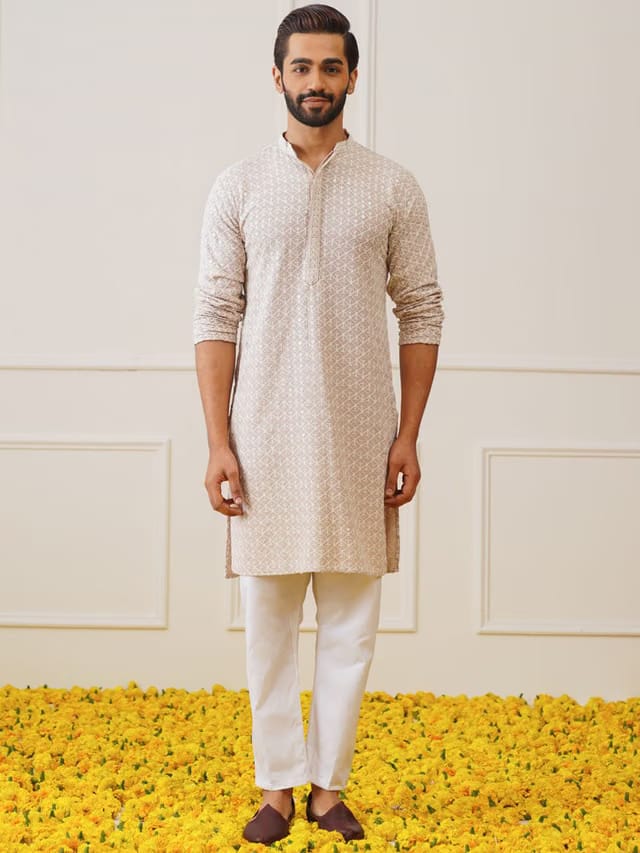 Men Embroidered Regular Sequinned Pure Cotton Kurta with Pyjamas