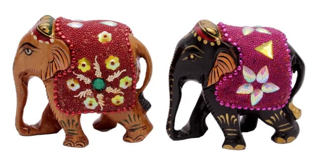 Kanahaiyaji Set of 2 Hand Crafted Royal Elephant Wooden Sculpture Statue 2 inches