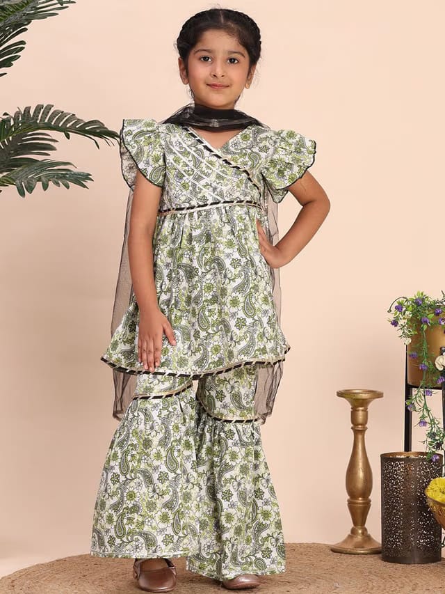 Girls Floral Printed Angrakha Gotta Patti Kurta with Sharara & Dupatta