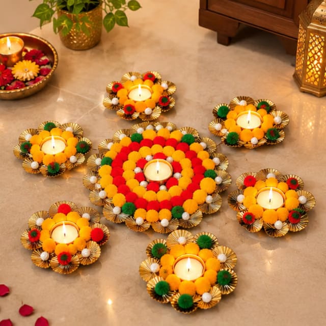 Webelkart Premium Rangoli for Diwali Decoration, Set of 7, (Size - Big - 10", Small - 6") Rangoli with Diya Holder